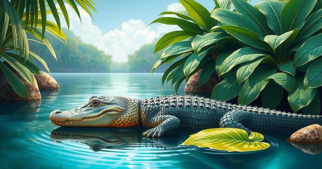 Alligator in a serene natural setting with tropical foliage and calm waters, showcasing nature's wildlife beauty.