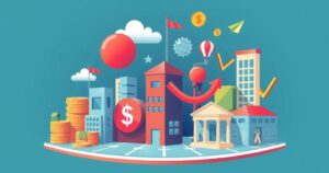 Piano strategico di affari e politica con elementi finanziari e immobiliari, colori vivaci e una composizione moderna.