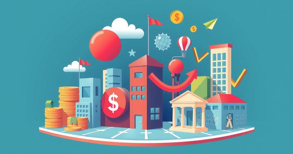 Piano strategico di affari e politica con elementi finanziari e immobiliari, colori vivaci e una composizione moderna.