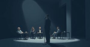 A political scene depicting a tense meeting with dark tones and abstract shapes symbolizing controversy and decisions.
