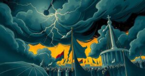 A chaotic political scene with dark clouds and intense lightning, symbolizing turmoil within a political movement.