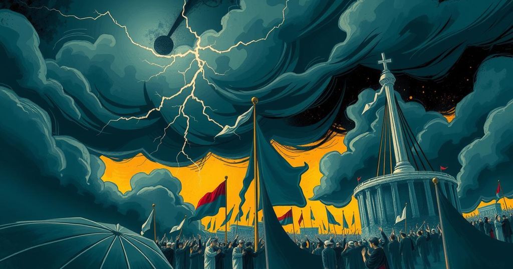A chaotic political scene with dark clouds and intense lightning, symbolizing turmoil within a political movement.