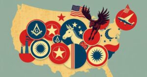 Rappresentazione storica dei partiti politici americani non tradizionali, con simboli e colori iconici.