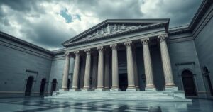 Una scena che rappresenta un tribunale con colonne imponenti e un cielo nuvoloso, simbolo di decisioni giuridiche.