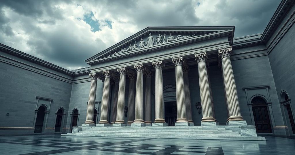 Una scena che rappresenta un tribunale con colonne imponenti e un cielo nuvoloso, simbolo di decisioni giuridiche.
