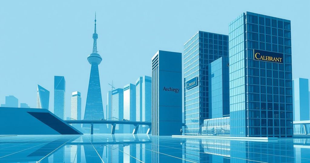 Un paesaggio urbano con simboli di tecnologia e business, toni blu e grigi, in uno stile moderno.