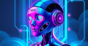 Un chatbot AI futuristico che simbolizza tecnologia avanzata con sfondo cyberpunk e tonalità blu e viola.