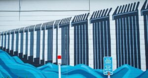 Murale raffigurante una barriera, simbolo della sicurezza al confine, in toni di blu e grigio.