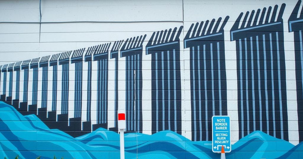 Murale raffigurante una barriera, simbolo della sicurezza al confine, in toni di blu e grigio.