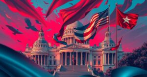 Rappresentazione artistica di una nuova elite politica negli Stati Uniti, con simboli di potere, bandiere e architettura istituzionale.