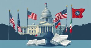Rappresentazione simbolica del Congresso americano con bandiere e documenti economici in un'atmosfera seria.