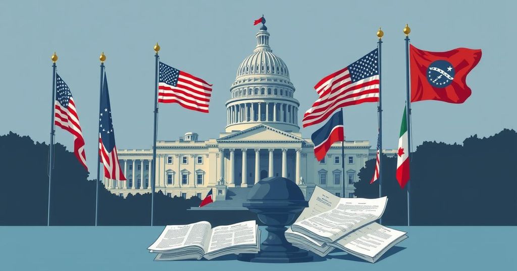 Rappresentazione simbolica del Congresso americano con bandiere e documenti economici in un'atmosfera seria.