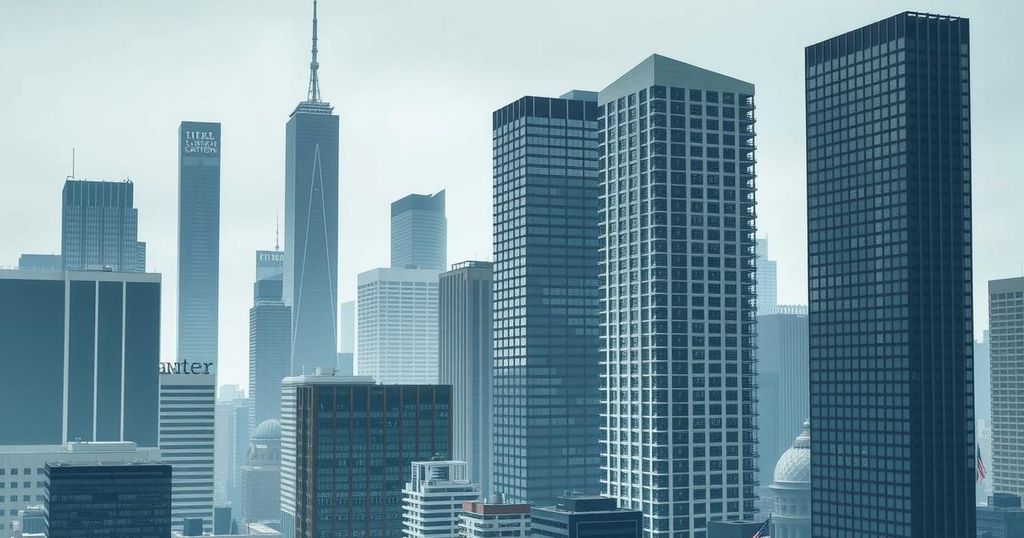 Un paesaggio urbano con grattacieli e uffici vuoti, simbolo di riduzioni del personale ed economia in difficoltà.