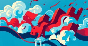 Rappresentazione artistica di un paesaggio politico americano con tonalità blu e rosse, simbolo di cambiamento e tensione.