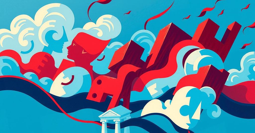 Rappresentazione artistica di un paesaggio politico americano con tonalità blu e rosse, simbolo di cambiamento e tensione.