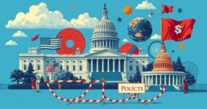 Illustrazione rappresentativa delle conseguenze di un grande progetto legislativo USA, colori vivaci e stile realistico.