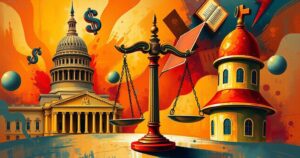 A vibrant representation of political debate with abstract symbols of finance and government in warm tones.