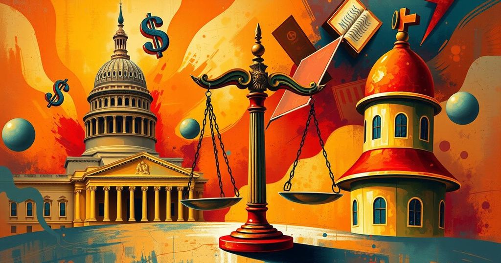 A vibrant representation of political debate with abstract symbols of finance and government in warm tones.