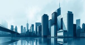 Rappresentazione astratta di una città moderna con toni di blu e grigio, simbolo di conflitto e unità nel contesto politico.