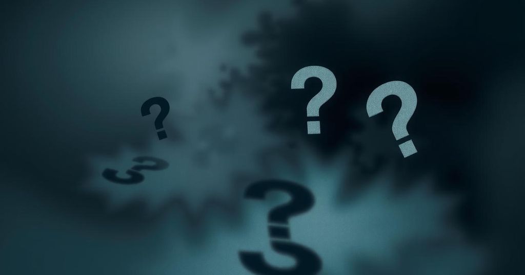 A symbolic representation of questions surrounding political scandals and secrecy with shadows and question marks.