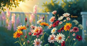 Un giardino elegante con fiori colorati, simbolo di memoria e onore, illuminato da una luce calda e serena.