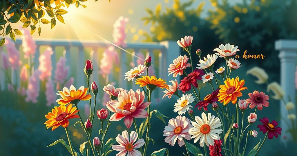 Un giardino elegante con fiori colorati, simbolo di memoria e onore, illuminato da una luce calda e serena.