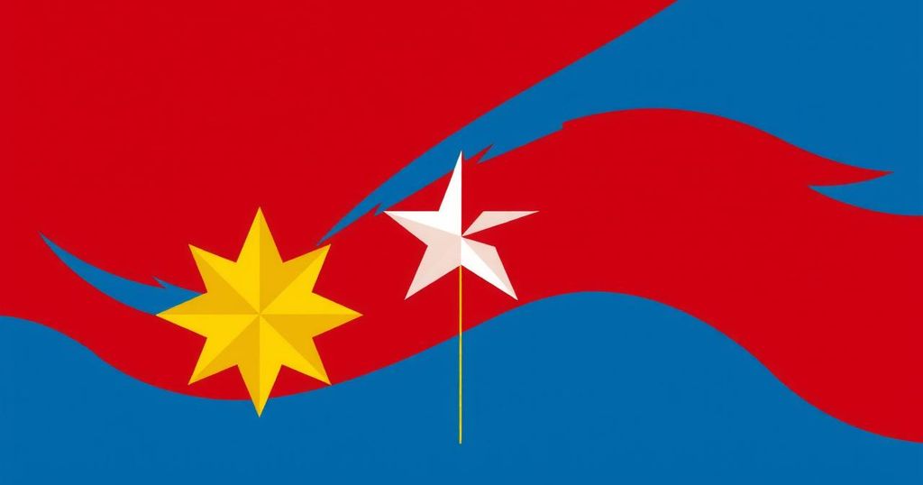 Un simbolo di unità, due stelle dorate e una bianca su uno sfondo blu e rosso, rappresentanti un partito politico.