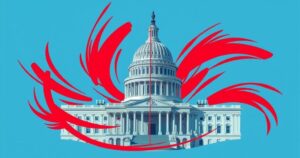 A vibrant depiction of the US Capitol building surrounded by abstract elements representing political debate and fiscal policy.