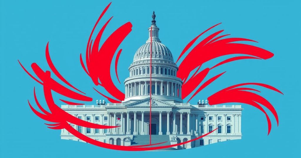 A vibrant depiction of the US Capitol building surrounded by abstract elements representing political debate and fiscal policy.