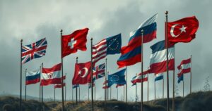 A political landscape featuring flags and a map, symbolising the complex relationship between nations and conflict.