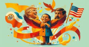 Rappresentazione artistica della politica in Florida con colori vivaci, riflettendo conflitto e alleanza.