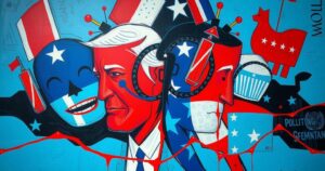 An abstract political scene with vibrant colours symbolising division and change, featuring symbolic icons of democracy.
