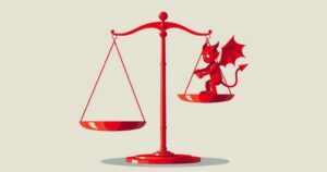 Due elementi grafici simbolici della politica americana: una bilancia e un diavolo rosso in stile minimalista.