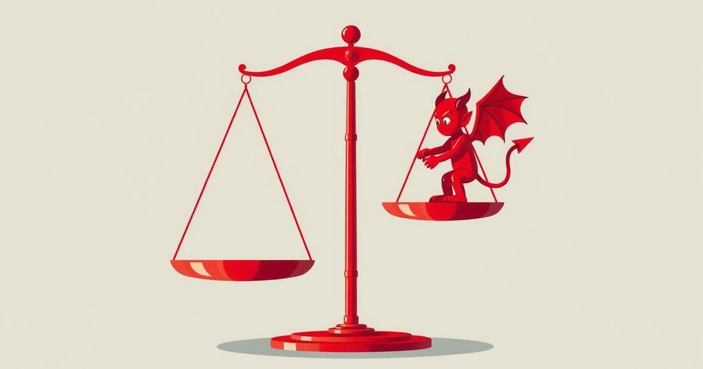 Due elementi grafici simbolici della politica americana: una bilancia e un diavolo rosso in stile minimalista.