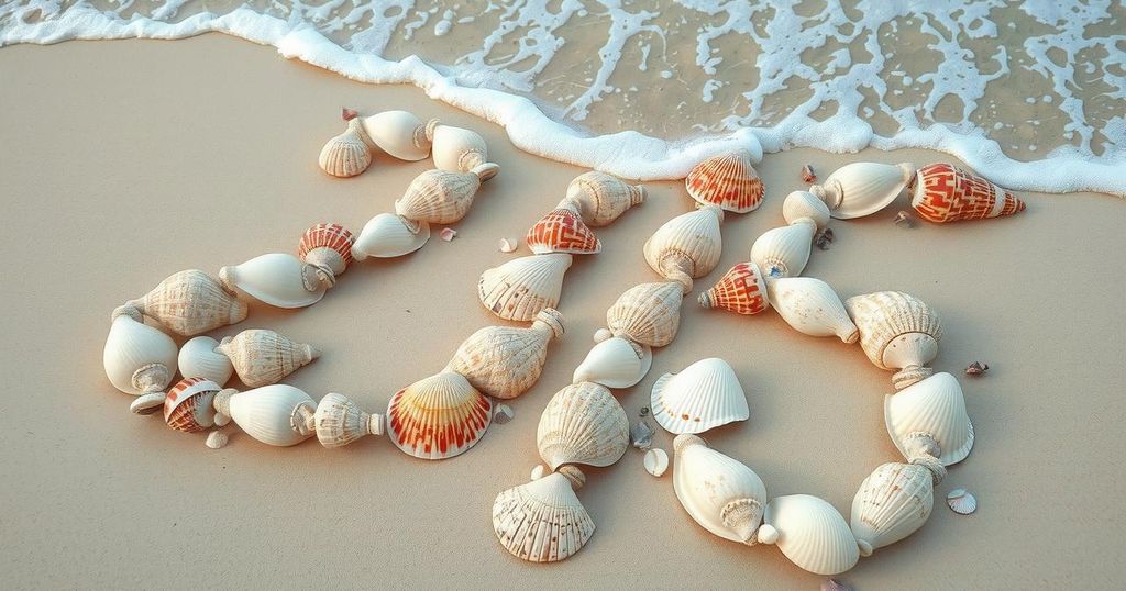 Conchiglie sulla spiaggia che formano numeri in un'atmosfera tranquilla e serena.