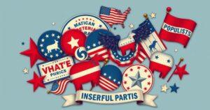 Caratteristiche dei partiti politici americani con simboli storici e colori patriottici.