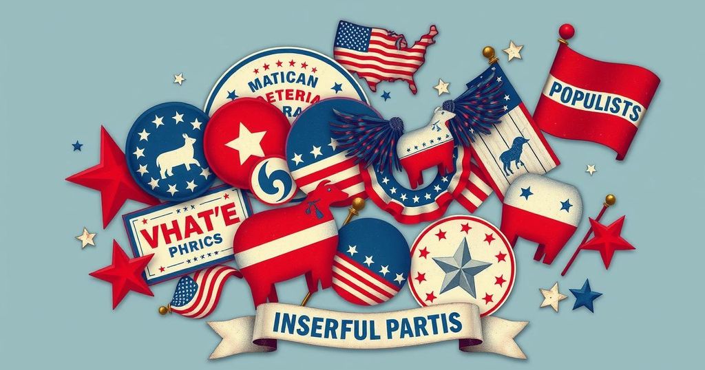 Caratteristiche dei partiti politici americani con simboli storici e colori patriottici.