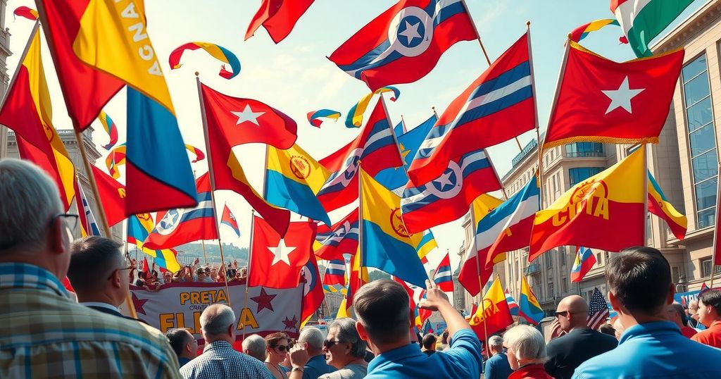 Un raduno politico vivace con bandiere e striscioni, pieno di energia e colori vivaci, simile a un festival.