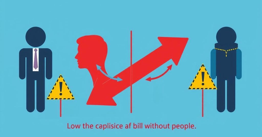 Grafico che mostra l'opinione negativa con simboli di opposizione verso un disegno di legge in un contesto politico.