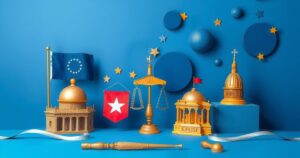 Campagna politica con simboli di leadership, colori blu e oro, nello stile dell'arte contemporanea