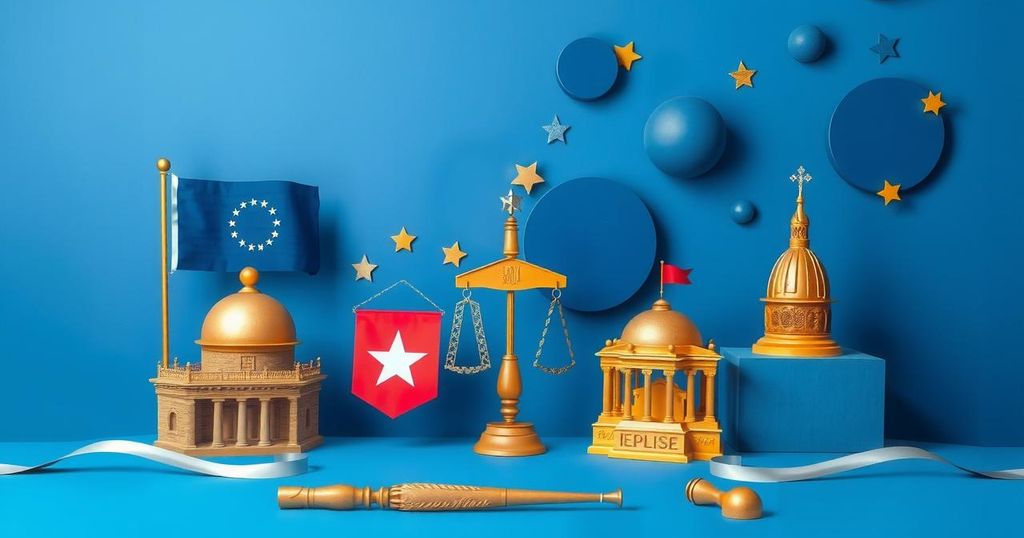 Campagna politica con simboli di leadership, colori blu e oro, nello stile dell'arte contemporanea