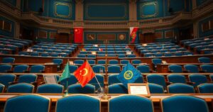 Votazione della Camera per un grande progetto economico proposto, rappresentato da un'aula legislativa con simboli di unità e progresso.