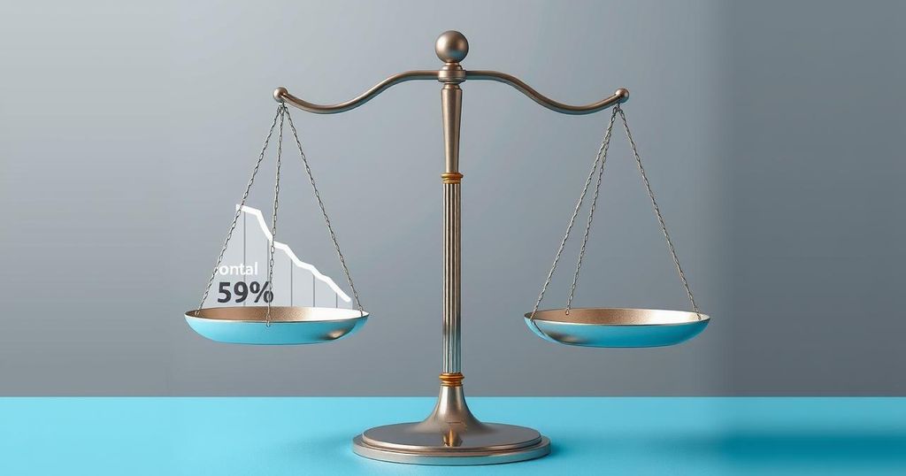 Grafico che rappresenta il calo dell'approvazione pubblica durante l'amministrazione Trump, con una bilancia e statistiche.