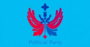 Logo di un partito politico innovativo con simboli di unità, collocato su uno sfondo blu brillante.