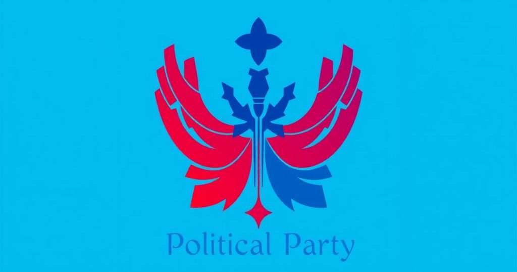 Logo di un partito politico innovativo con simboli di unità, collocato su uno sfondo blu brillante.