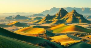 Rappresentazione simbolica della riforma fondiaria in Sudafrica, con paesaggi e elementi naturali evocativi.