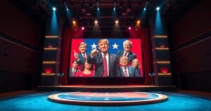 Un teatro con luci soffuse, in scena un grande schermo che sfondo ironico, simboleggiando la satira politica.