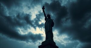 Statue of liberty with dark clouds representing political dissatisfaction in America
