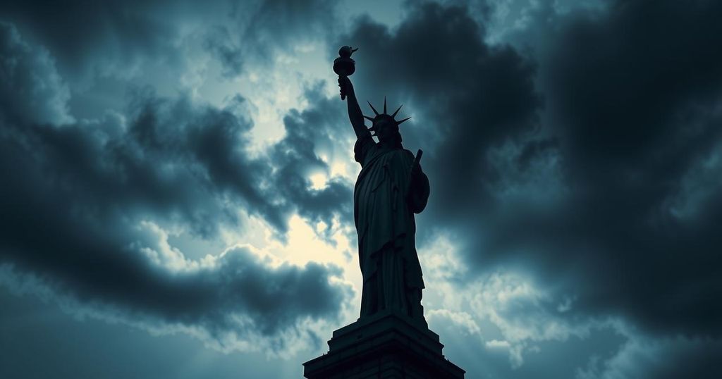 Statue of liberty with dark clouds representing political dissatisfaction in America