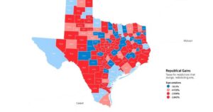 Mappa politica del Texas con segni di ridisegno, evidenziando aree per un potenziale incremento repubblicano.